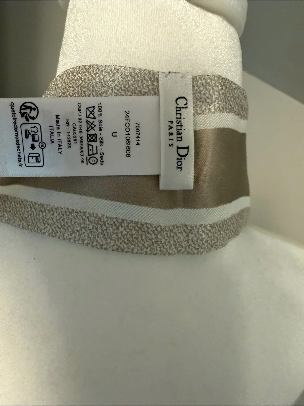Dior Silk Striped Botanical Ribbon Scarf in Cream and Taupe